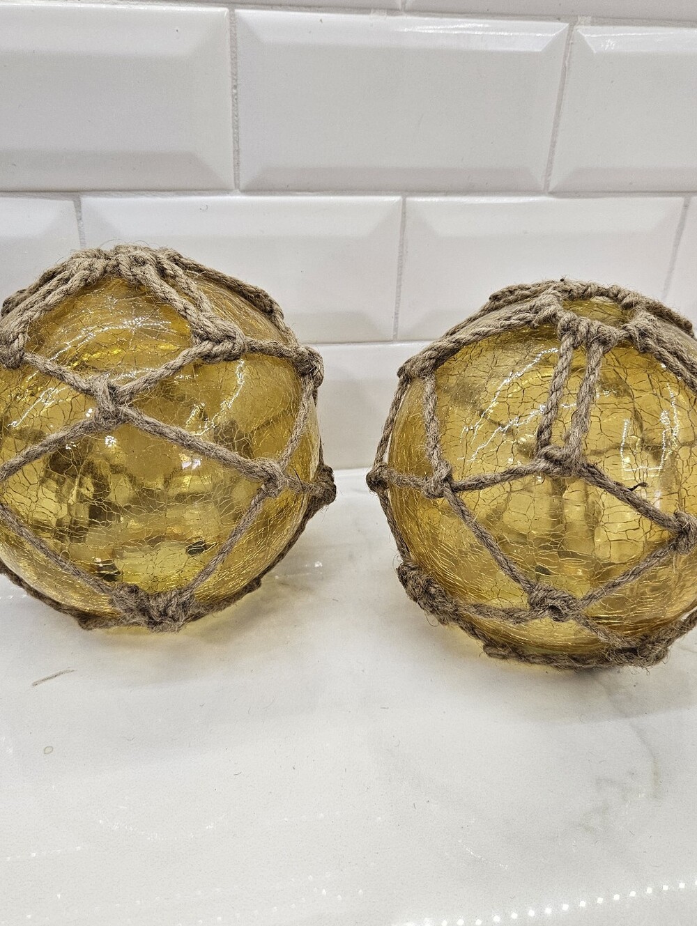 Amber Crackle Glass Fishing Floats Buoy 6" Jute Rope Nautical Decor India Set 2